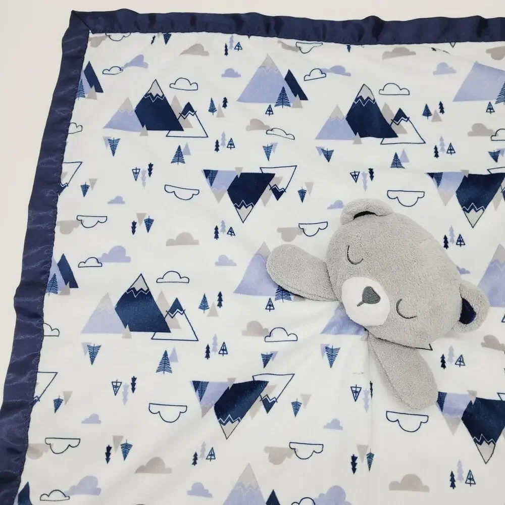 Just Born Bear Baby Blanket White Grey Blue Mountains Satin Security Lovey 24